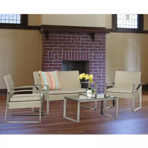 4 κομμάτι υπαίθρια συνομιλία σετ Patio Κήπος πισίνα χλοοτάπητα Rattan λυγαριά Loveseat καναπέ μαξιλαράκι κάθισμα \u0026 γυαλί κορυφή τραπεζά...