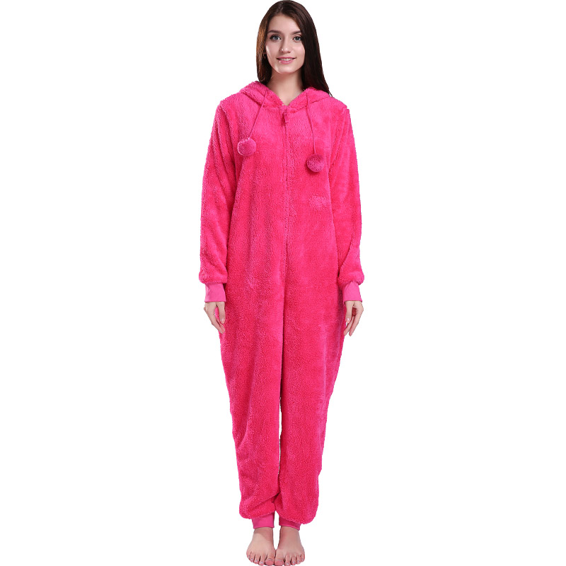 Γυναίκες ζεστές ροζ Onesie πιτζάμες με κουκούλα με τα αυτιά των ζώων