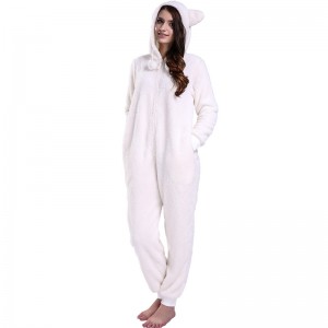 Κρέμα γυναικών Onesie Pajamas με κουκούλα με τα αυτιά των ζώων