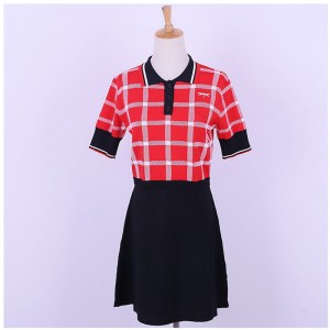 Προσαρμοσμένη σχεδίαση κοντό μανίκι Polo κολάρο Contrast Χρώματα Plaids Office Κυρίες Knit Φόρεμα πουλόβερ