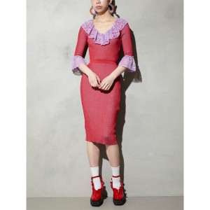 Προσαρμοσμένο καλοκαίρι βραχυπρόθεσμα Flare μανίκι Lace Braids Κυρίες Μολύβι πουλόβερ Knit Φόρεμα