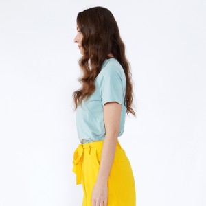 Τελευταία φόρεμα φόρεμα T-shirt Loose μπλούζα Lady καλοκαίρι βασικό ύφος V λαιμό Spandex Mέτρινο πράσινο κοντό μανίκι