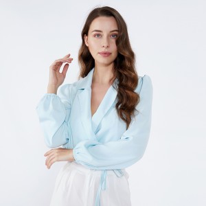 Ανοιχτό μπλε σάλι κολάρο Κομψό γραφείο μόδας Φορέστε κυρίες μακρυμάνικες μπλούζες