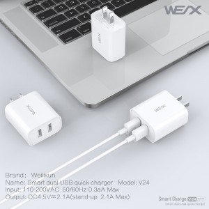 WEX - V24 διπλός φορτιστής ταξιδίου usb, φορτιστής τοίχου, τροφοδοτικό