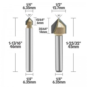 Βαθμίδα δρομέα V-Groove 90 βαθμών, επικαλυμμένη με τιτάνιο με καρβίδιο 2-φλουτών CNC Χάραξη ξύλου Ξύλινη λοξότμηση με λοξότμηση, 1/4-ίντσα...