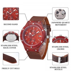 2019 Νέο κόκκινο μαλακό δερμάτινο λουράκι Sandalwood Dial καρπό ρολόι ξύλου
