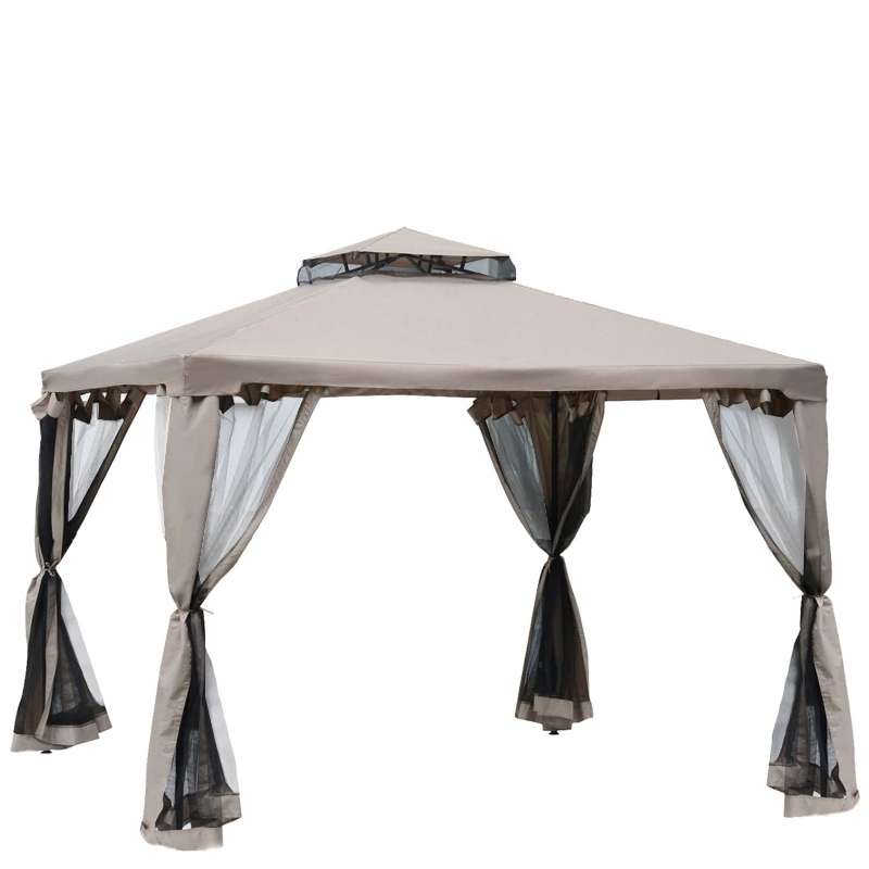 10-8217· x 10 8217· Patio Gazeebo Pavilion Canopy Tent, 2-Tier Soft Top with Netting Mesh Sidewalls, Taupe