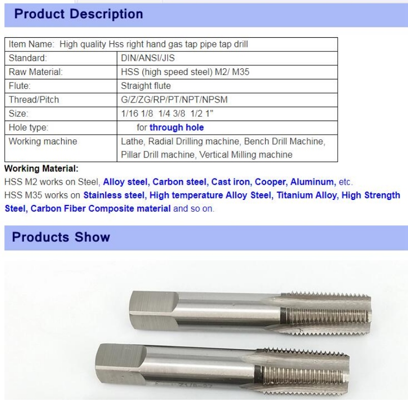 Μέσα από τρύπαβρύση:Υψηλή ποιότηταHss δεξιό τρυπάνι σωλήνα βρύσης
