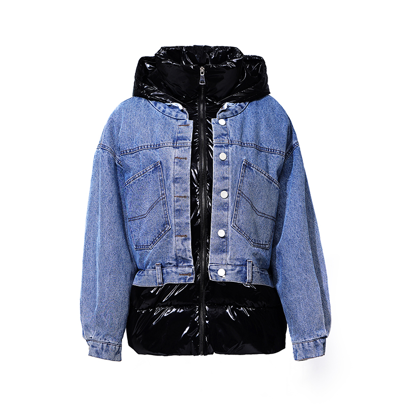 Κυρίες μου, γυαλιστερό ύφασμα με κουκούλα, δύο κομμάτια, ζεστό παλτό, κάτω γιλέκο.