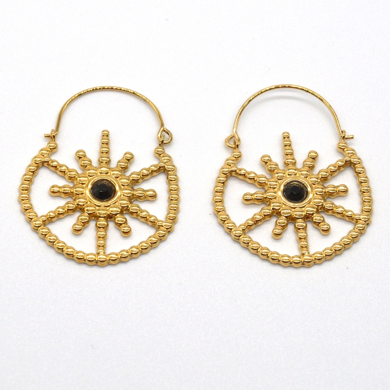 Γυναικεία επιχρυσωμένα κοσμήματα μποέμικο στυλ vintage floral σκουλαρίκια μαύρο αχάτη Κίνα εργοστάσιο επεξεργασίας κοσμημάτων Ruifanbao