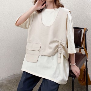 Χαλαρή σχεδίαση Μινιμαλιστικό στρογγυλό κολάρο Στυλ ραμμένο μανίκι Casual Μονόχρωμο βαμβακερό και λινό προσαρμοσμένο προσαρμοσμέ...