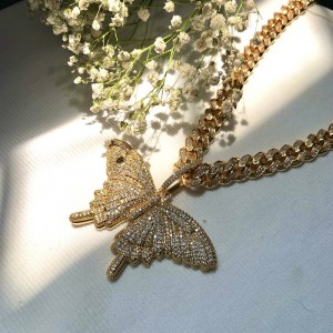 Μόδα Bling ροζ πεταλούδα κολιέ μεγάλο μέγεθος γυαλιστερό κρεμαστό κόσμημα πεταλούδας με κουβανική αλυσίδα
