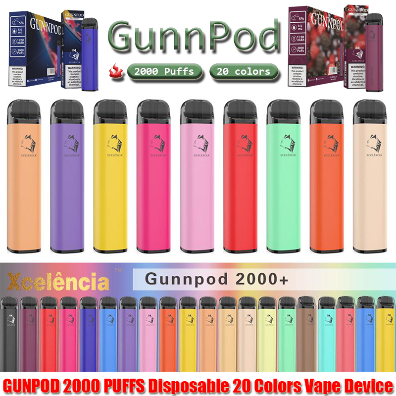 Gunnpod 2000 puffs pre-γεμάτο μίας χρήσης vape 1250mAh μπαταρία e τσιγάρο Deivce 18350 8ml εκκίνησης εκκίνησης ατέρμονα vs elf bar 20 flavs στυλό pod ρουφη