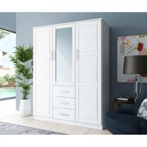 MWD22008-Solid Wood Family Wardrobe/closet/closet, 3-πόρτα Ντουλάπα με καθρέφτη και 3 συρτάρια, λευκό.