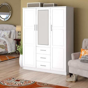 MWD22008-Solid Wood Family Wardrobe/closet/closet, 3-πόρτα Ντουλάπα με καθρέφτη και 3 συρτάρια, λευκό.