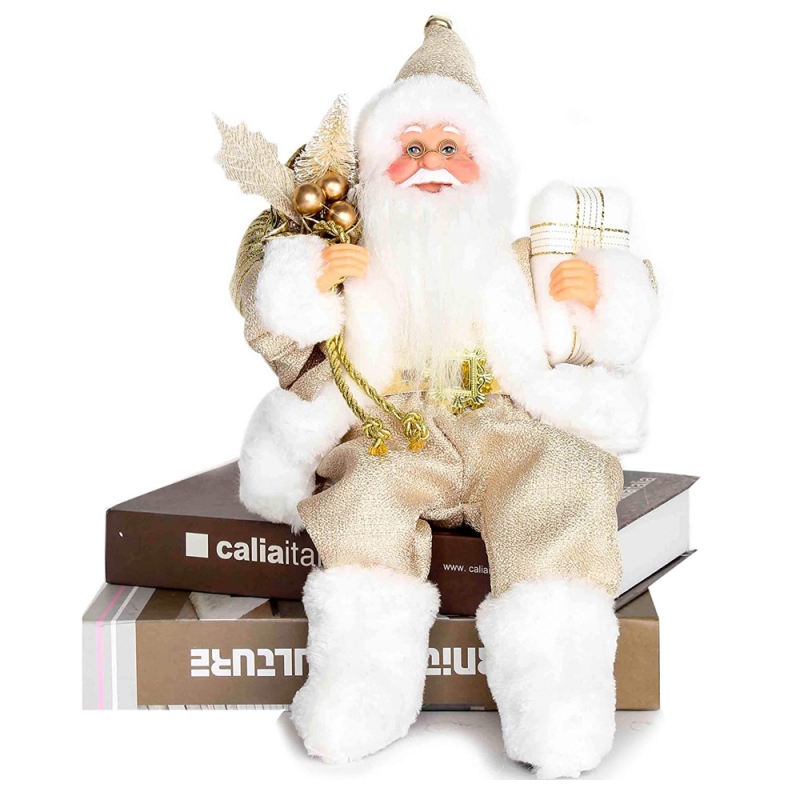 12inch συνεδρίαση χρυσό ειδώλιο Santa Claus με τσάντα δώρο φύλλα και κουτί φορώντας λευκά παπούτσια Χριστουγεννιάτικη διακόσμηση διακοπών