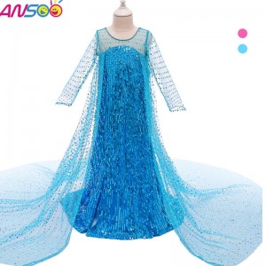 Ansoo Top Selling Cloths Fancy Princess Dress Up Sequined Long Tail 2022 Elsa Anna Dress for Girls