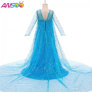 Ansoo Top Selling Cloths Fancy Princess Dress Up Sequined Long Tail 2022 Elsa Anna Dress for Girls