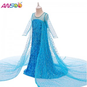 Ansoo Top Selling Cloths Fancy Princess Dress Up Sequined Long Tail 2022 Elsa Anna Dress for Girls