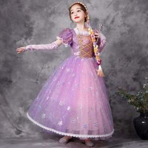 Baige European Style Princess Dress Halloween Party Wear Rapunzel Fluffy Mesh Frock