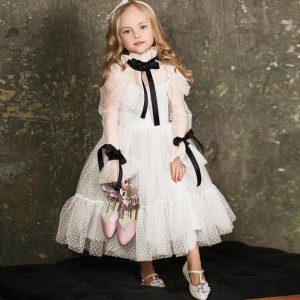 Polka-Dot Tulle Flower Girl Φορέματα Illusion Long Sleeves Κορίτσι γάμου Φόρεμα φόρεμα Κοινοοπετάριn Φόρεμα γενεθλίων Πρωτοχρονιά
