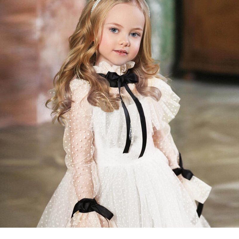 Polka-Dot Tulle Flower Girl Φορέματα Illusion Long Sleeves Κορίτσι γάμου Φόρεμα φόρεμα Κοινοοπετάριn Φόρεμα γενεθλίων Πρωτοχρονιά