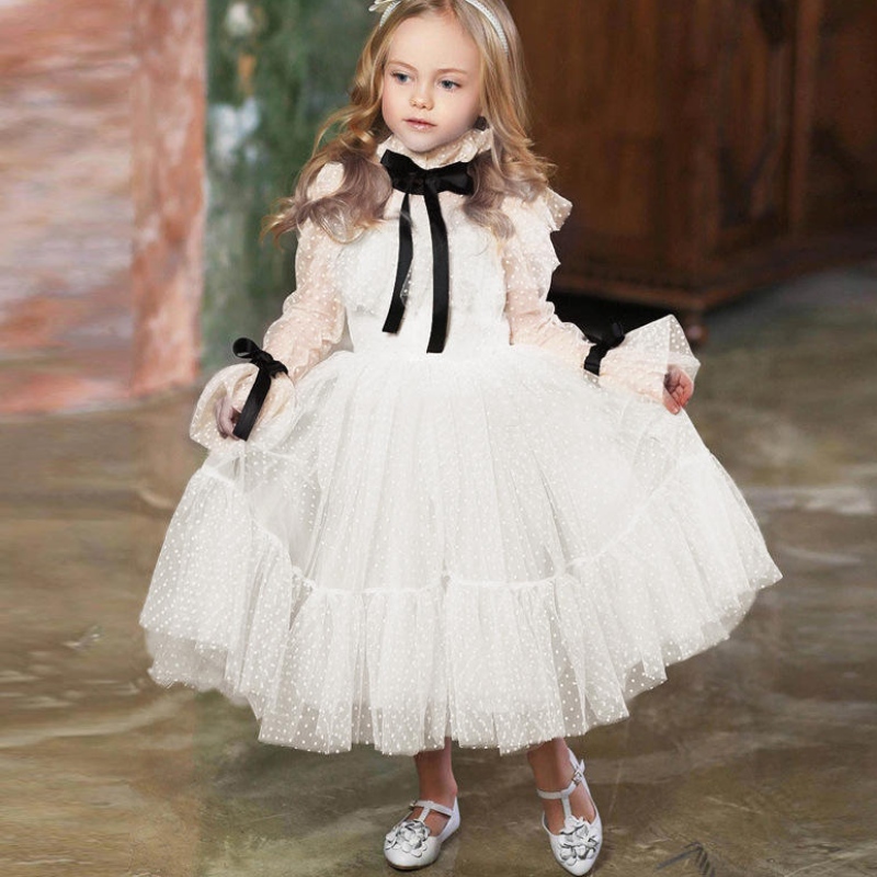 Polka-Dot Tulle Flower Girl Φορέματα Illusion Long Sleeves Κορίτσι γάμου Φόρεμα φόρεμα Κοινοοπετάριn Φόρεμα γενεθλίων Πρωτοχρονιά
