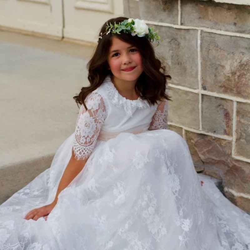 Μακρά λευκά φορέματα για παιδιά κορίτσια πριγκίπισσα κομψό γάμο παιδικά παιδιά παράνυμφος δαντέλα φόρεμα βραδινό φόρεμα 3 6 14 χρόνια
