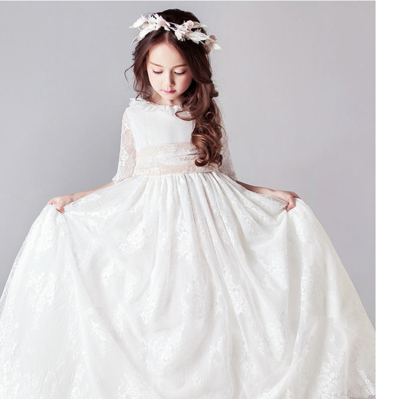 Μακρά λευκά φορέματα για παιδιά κορίτσια πριγκίπισσα κομψό γάμο παιδικά παιδιά παράνυμφος δαντέλα φόρεμα βραδινό φόρεμα 3 6 14 χρόνια