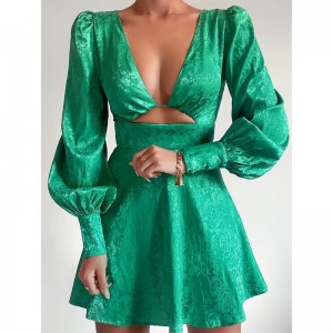 V-neck Hollow Jacquard Dress Lantern Sleeve Short Dress Spring Vintage Style A-Line Dress