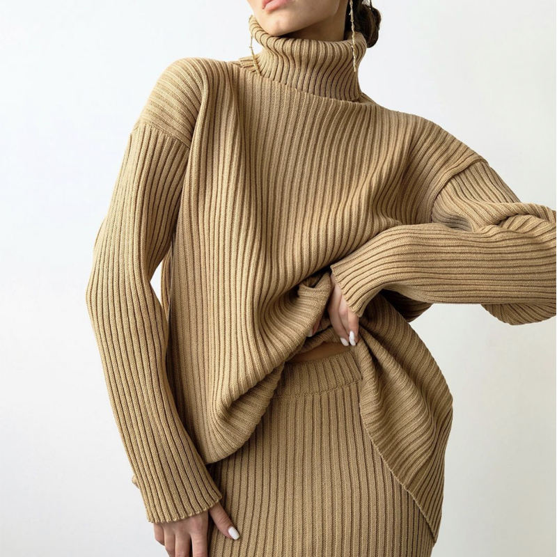 Χειμερινό New Fashion Custom Custom Γυναίκες \\\\ Warm Turtleneck Pullover Πλεκτό Midi Sear Suirt 2 Piece Suit Women \\\\