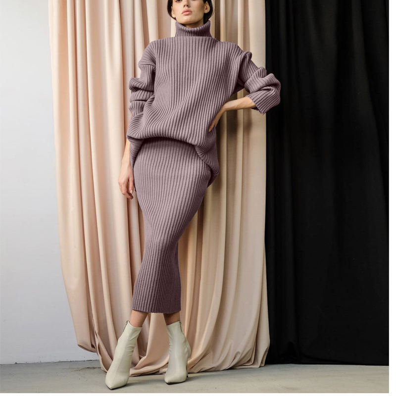 Χειμερινό New Fashion Custom Custom Γυναίκες \\\\ Warm Turtleneck Pullover Πλεκτό Midi Sear Suirt 2 Piece Suit Women \\\\