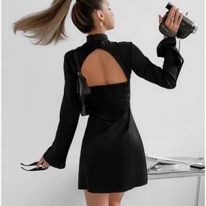 Νέο στυλ stand κολάρο λεπτό μακρύ μανίκι ανοιχτό πίσω σύντομο φόρεμα