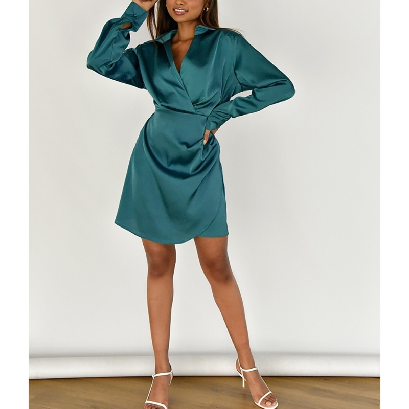 Υψηλής ποιότητας σατέν σέξι μέση V-λαιμό περιτύλιγμα φούστα φούστας A-Line