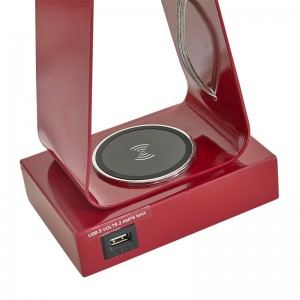 Μικρή λάμπα γραφείου με κόκκινο φινίρισμα, θύρα φόρτισης USB, σταθμό ασύρματου φορτίου και διακόπτη roft/off στο Owonroom