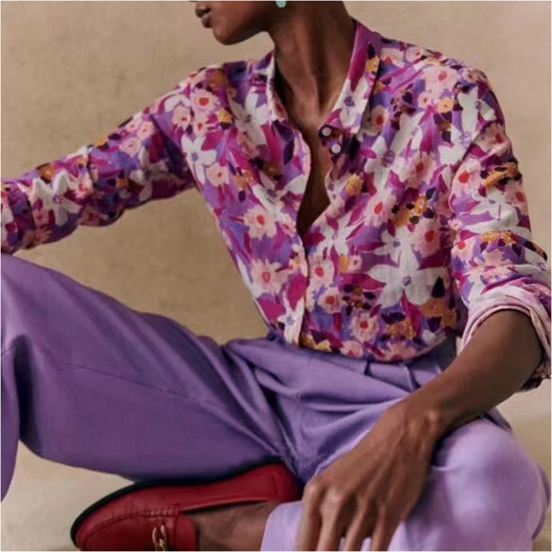 Νέο γαλλικό κομψό σύγχρονο τυπωμένο μοτίβο που ρέει μεταξωτό και βαμβάκι μείγμα με μακρύ μανίκι λεπτό πουκάμισο