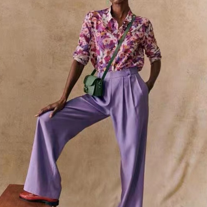 Νέο γαλλικό κομψό σύγχρονο τυπωμένο μοτίβο που ρέει μεταξωτό και βαμβάκι μείγμα με μακρύ μανίκι λεπτό πουκάμισο