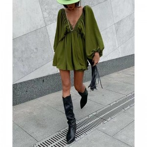 Ρετρό σχεδιασμό casual wind v-neck στερεό χρώμα μπλούζα φθινόπωρο νέο φανάρι μανίκι Υψηλή μέση φόρεμα φόρεμα φόρεμα