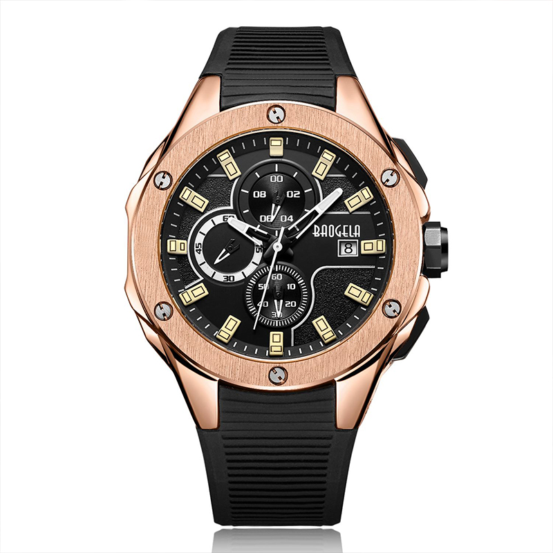 Baogela Luxury Brand Men Silicone Sports Watches Fashion Army Watch Man Chronograph Quartz Wristwatch Relogio Masculino Rose 22608