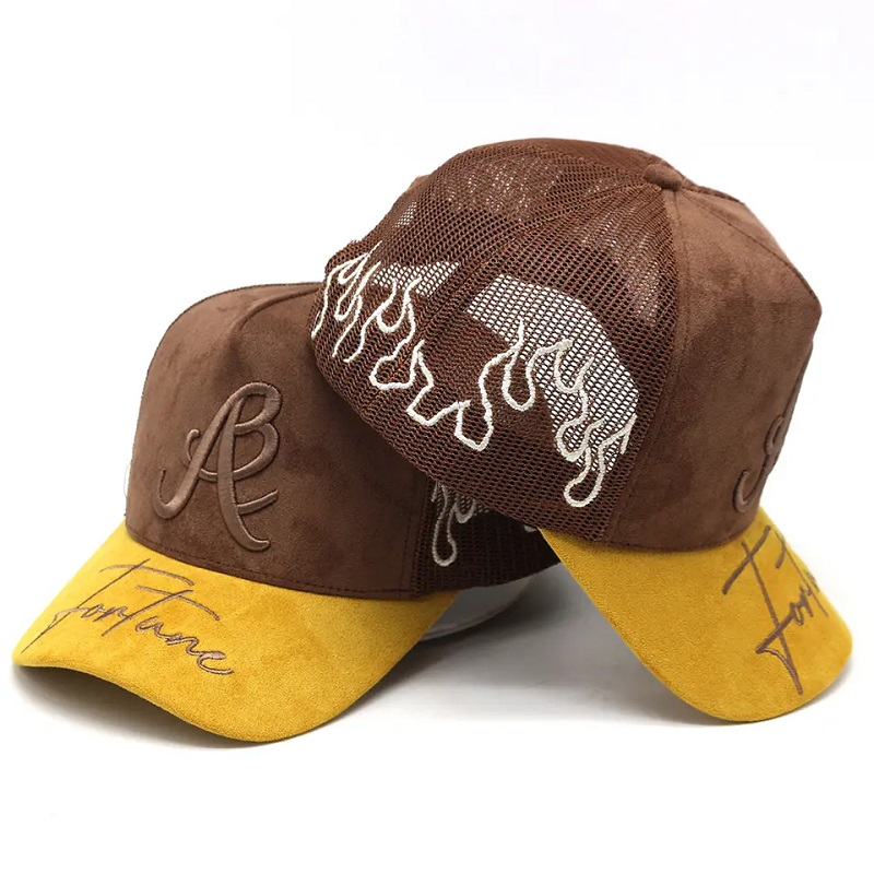 Εργοστασιακό έθιμο σουέτ Trucker καπέλο κέντημα λογότυπο Brim Fair Mesh Trucker Hats