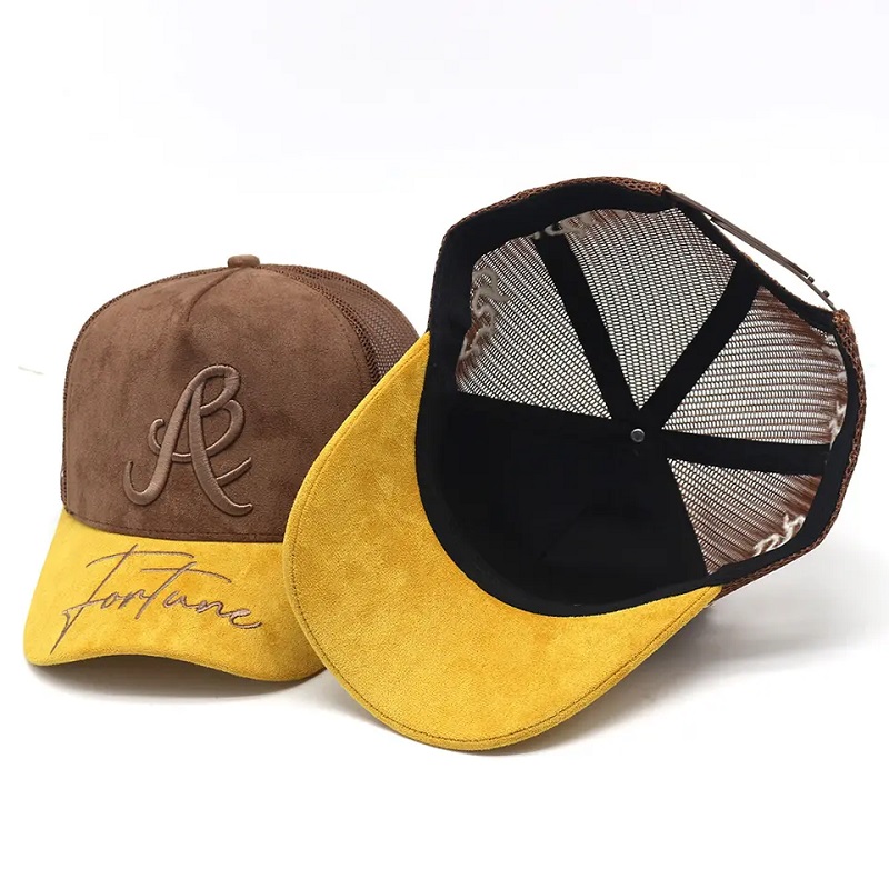 Εργοστασιακό έθιμο σουέτ Trucker καπέλο κέντημα λογότυπο Brim Fair Mesh Trucker Hats