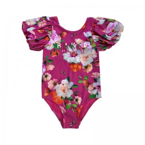 Floral Print Letter Puff Sleeve Children Swimsuits