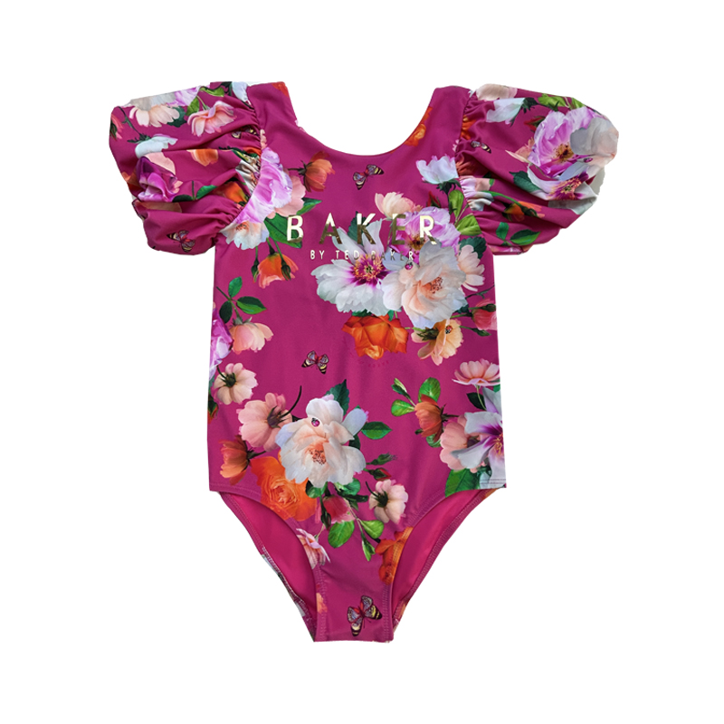 Floral Print Letter Puff Sleeve Children Swimsuits