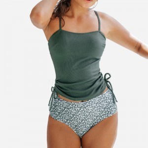 RIB RUCHED PRINSTRING TOP&Ditsy Floral High Waist Tankini Set