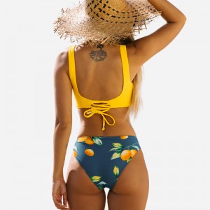 Κίτρινο Wrap Front&Floral Print Side Bikini Set