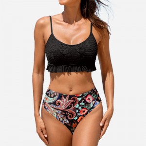 Smocked Ruffled Top&Paisley Print High Waist Bikini Set