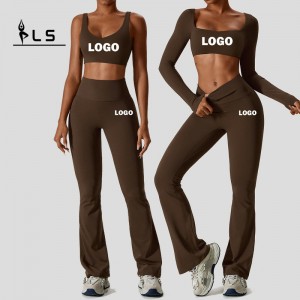 SC9272 Γιόγκα σετ γυμναστικής γυναικών 2023 Long Sleeve Sport Bra Gym Sport Pants Two Piece Flare Geggings Wear Wear
