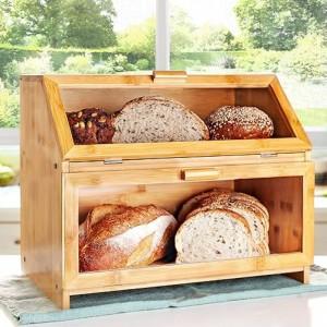 Bamboo Bread Box For Counter Kitchen - Αποθήκευση ψωμιού διπλού στρώματος με καθαρά παράθυρα - ρουστίκ αγρόκτημα στυλ ψωμί ψωμιού