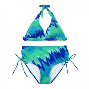 Teal Halter Strap Strap Swimsuit Pleated Bow Swim Shorts Printed Swimsuit