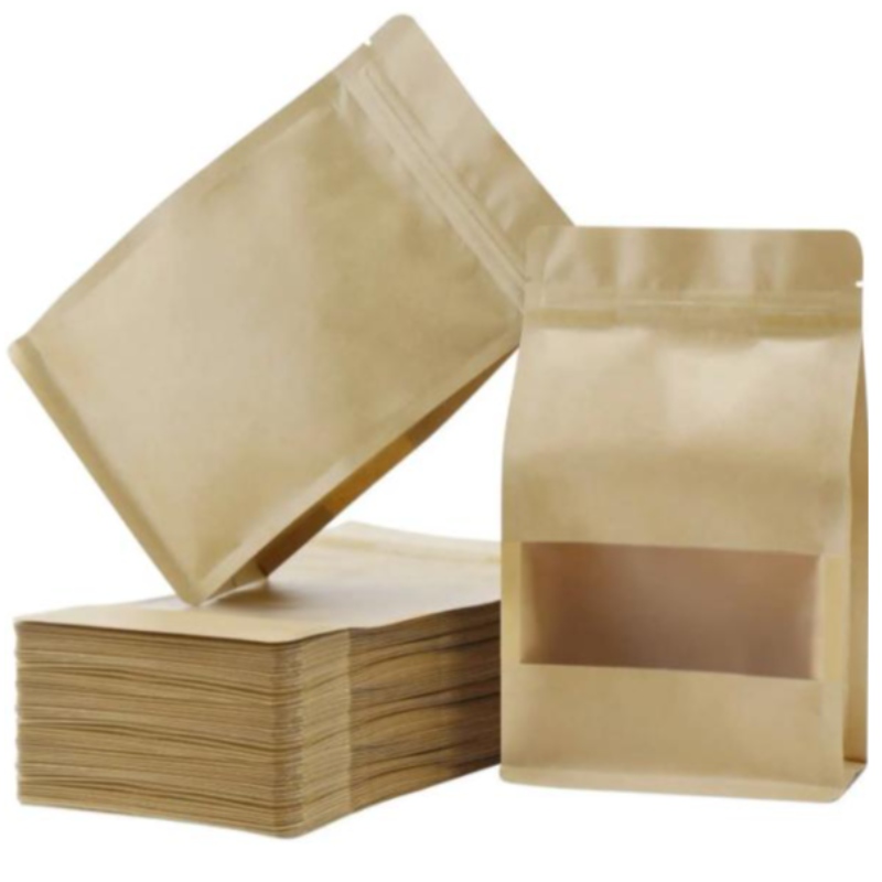 Stand Up Zipper Brown Kraft Paper Resealable Ziplock Heat Seatable Food Storage Dooypack Συσκευασία σακούλα με καθαρό παράθυρο
